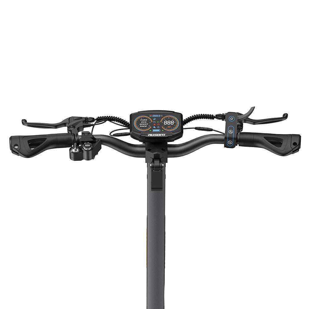 Handlebar view of Ausom L2 Max dual motor electric scooter with digital display and control buttons