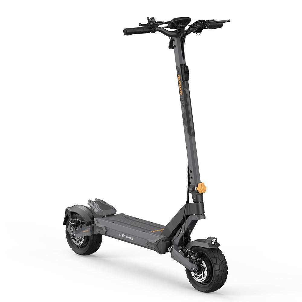 Ausom L2 Max dual motor electric scooter with 48V 20.8Ah battery, 1000W*2 brushless motors, 56 miles range, 40 mph max speed, and 10"x3" tubeless rubber tires.