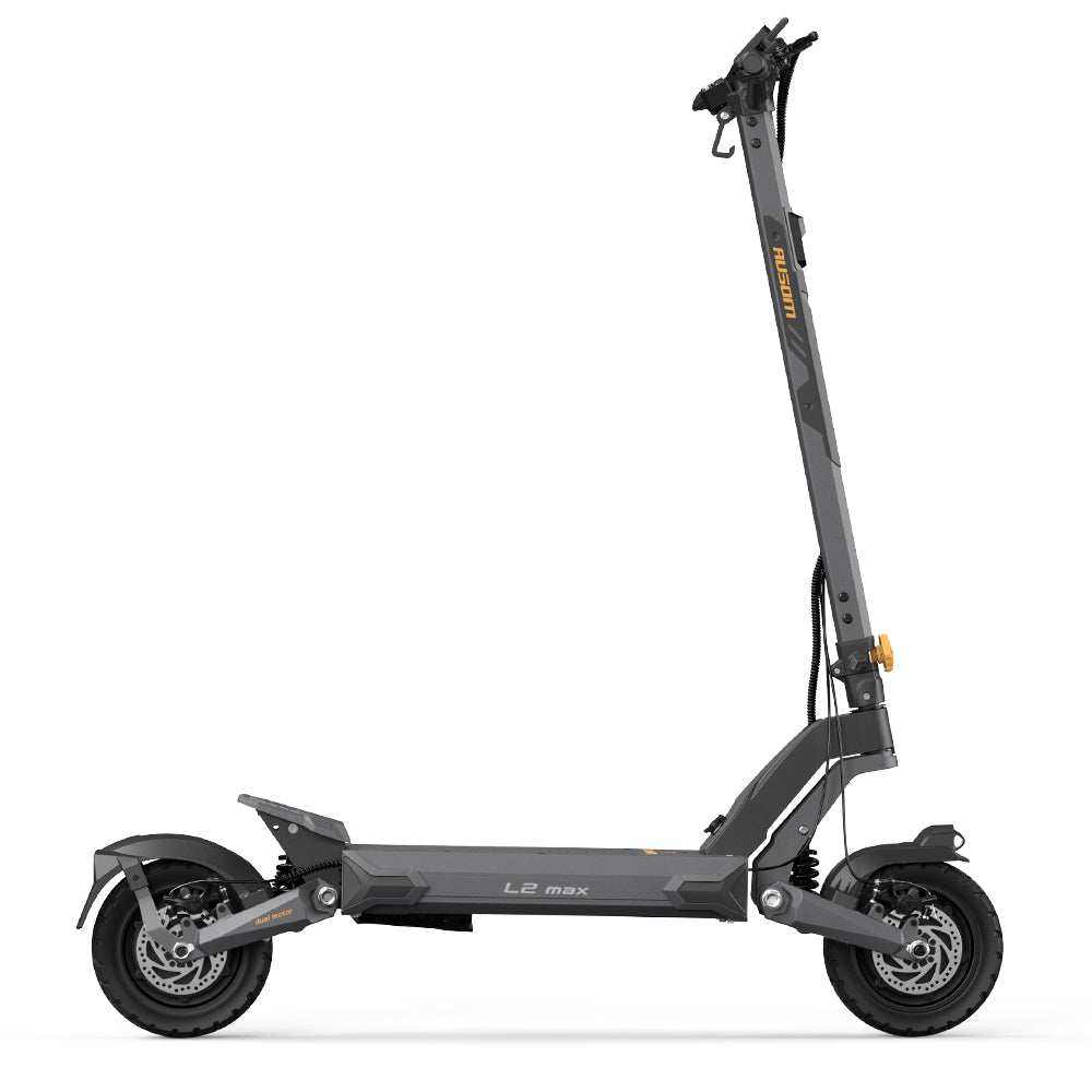 Ausom L2 Max electric scooter with dual 1000W motors, 48V 20.8Ah battery, 56 miles range, 40 mph max speed, and 10"x3" tubeless rubber tires.