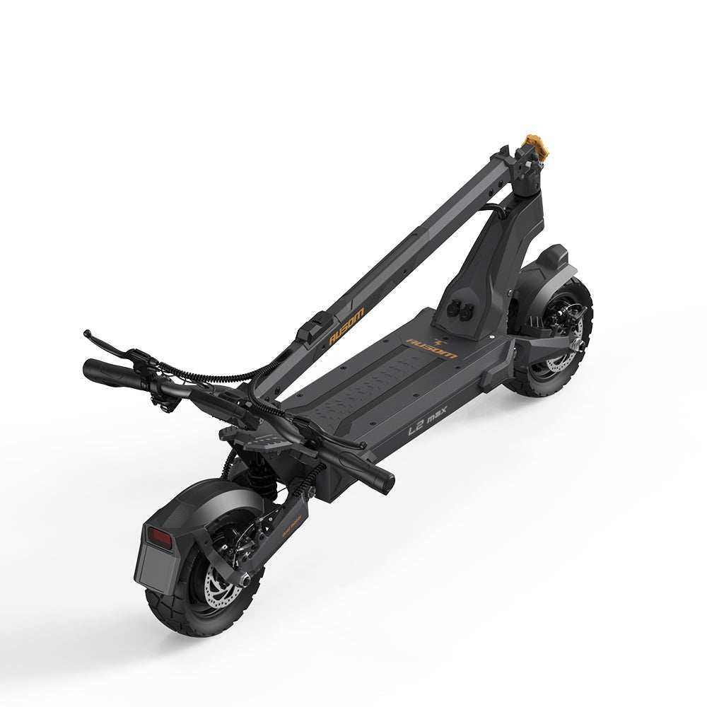 Folded black Ausom L2 Max dual motor electric scooter with 10-inch tubeless tires and 48V 20.8Ah battery.