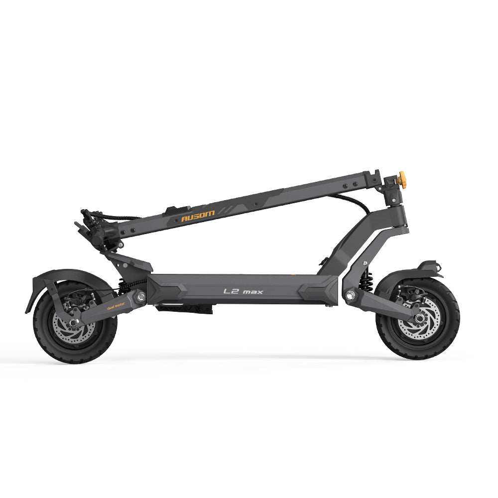 Folded Ausom L2 Max dual motor electric scooter with 48V 20.8Ah battery and 10-inch tubeless tires.
