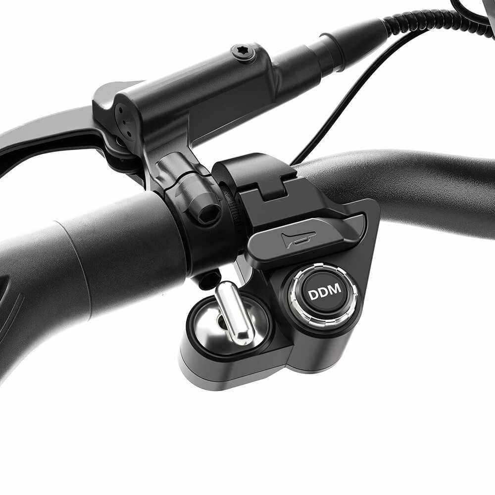 Close-up of Ausom DT2 Pro electric scooter handlebar with integrated bell and control buttons