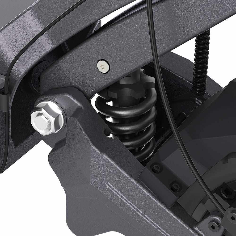 Close-up of Ausom DT2 Pro electric scooter suspension and frame components in dark gray color