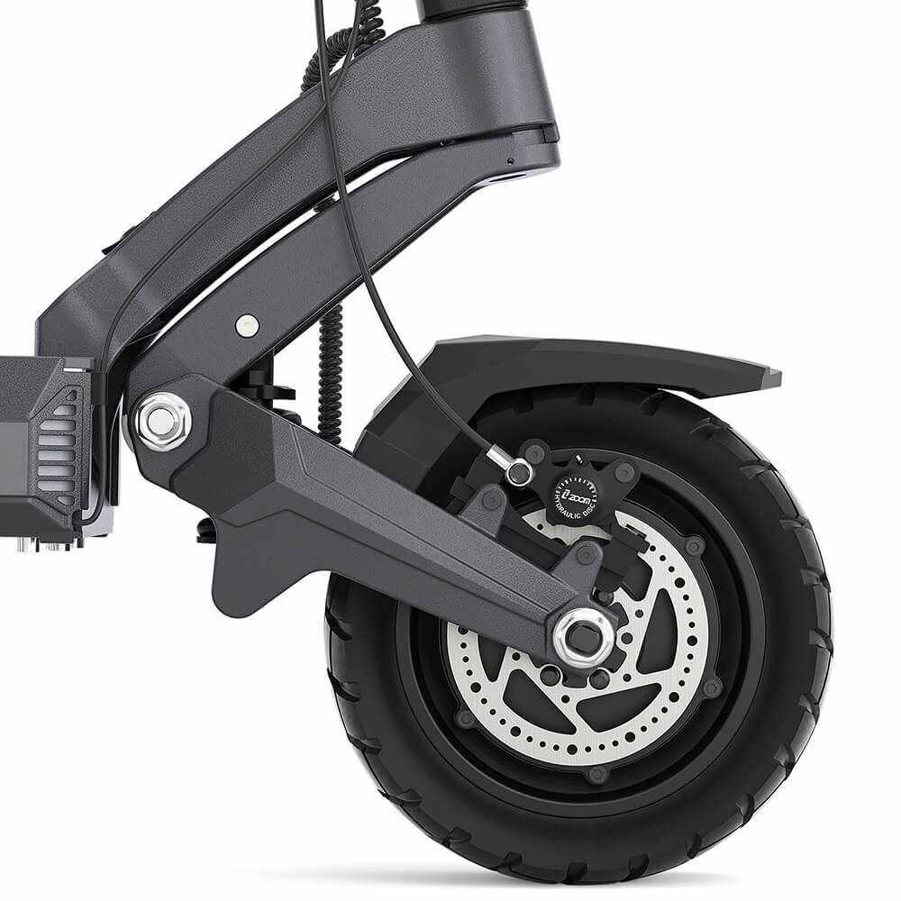 Close-up of Ausom DT2 Pro electric scooter front wheel with tubeless rubber tire and disc brake system