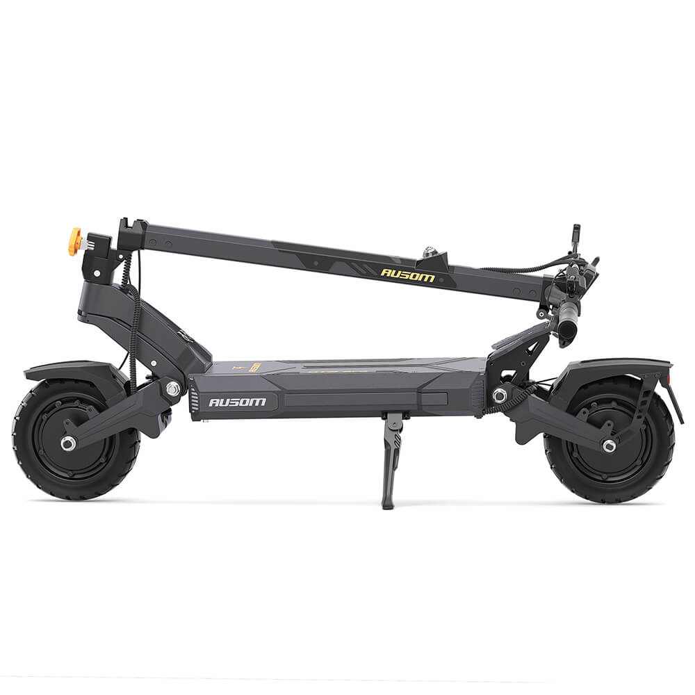 Folded Ausom DT2 Pro electric scooter with 1100W dual brushless motors, 52V 23.4Ah battery, 71 miles range, 42 mph max speed, and 10-inch tubeless rubber tires.