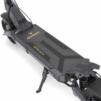 Close-up of Ausom DT2 Pro electric scooter deck featuring 52V 23.4Ah battery, dual 1100W brushless motors, 10"x3" tubeless rubber tires, and foldable kickstand.