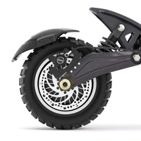 Close-up of Ausom F1 Max Trottinette électrique rear wheel with 10"x3" pneumatic tire and suspension system