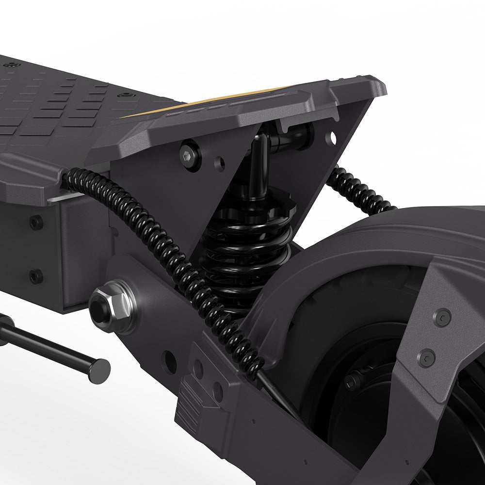 Close-up of Ausom L1 electric scooter rear suspension with 10-inch tubeless rubber tire and sturdy black frame