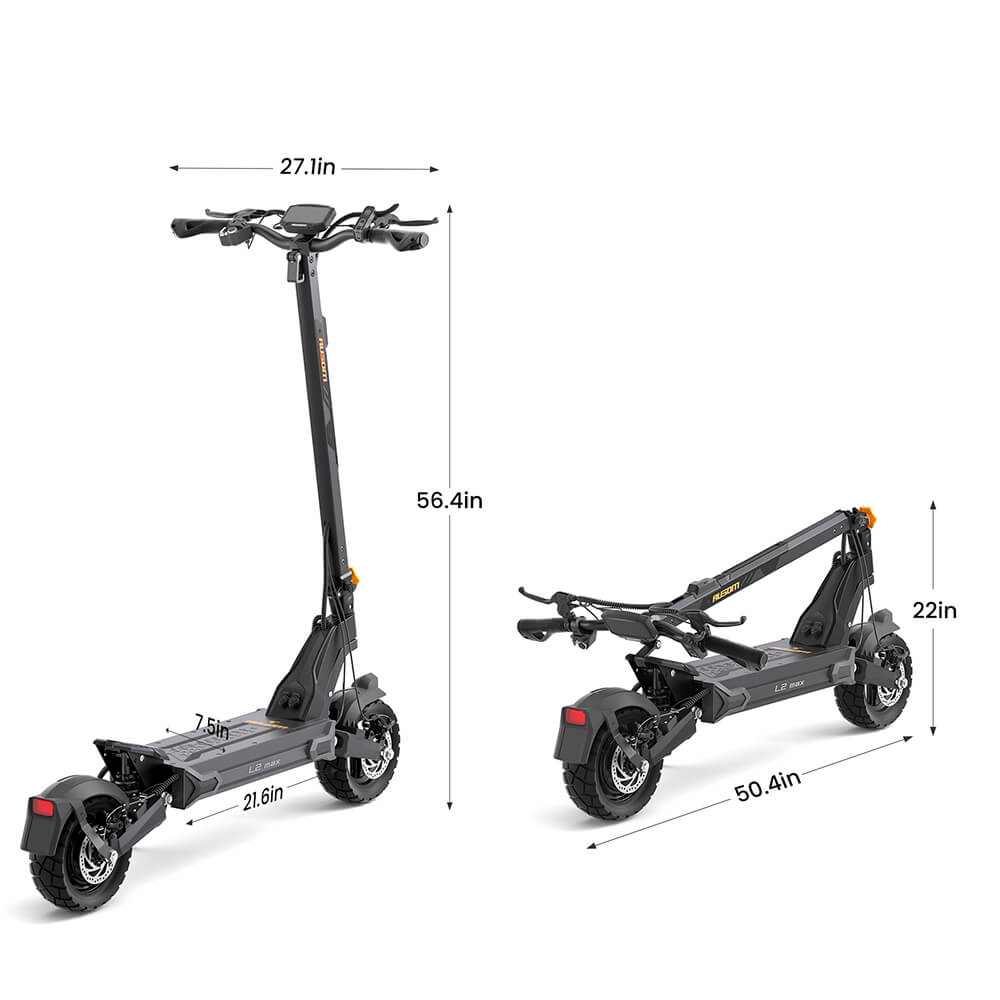 Ausom L2 Max electric scooter with 48V 20.8Ah battery, 1000W brushless motor, 56 miles range, 31 mph max speed, 10"x3" tubeless rubber tires, shown in unfolded and folded positions with dimensions.