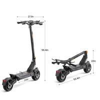 Ausom L2 Max electric scooter with 48V 20.8Ah battery, 1000W brushless motor, 56 miles range, 31 mph max speed, 10"x3" tubeless rubber tires, shown in unfolded and folded positions with dimensions.