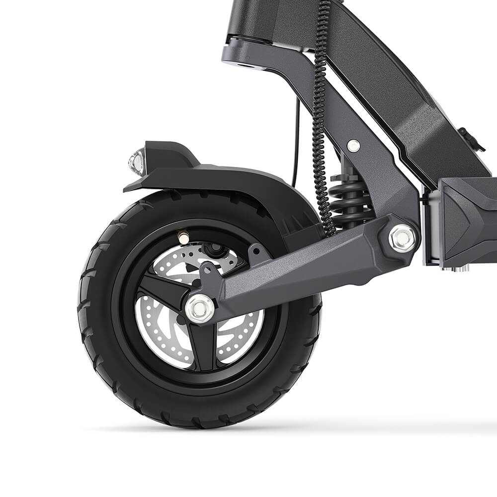 Close-up of Ausom L2 Max Trottinette électrique rear wheel with 10-inch tubeless rubber tire and suspension system